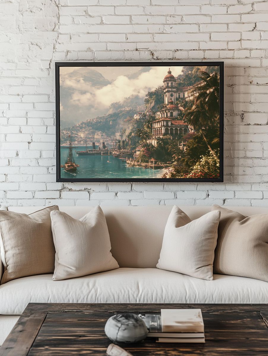 Tropical Harbor Cityscape Print. room preview