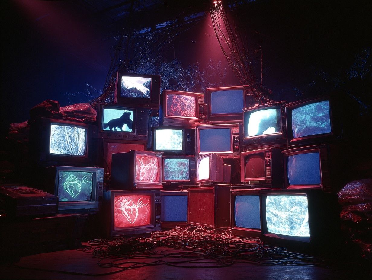 Neon CRT TV Stack Retro Print. poster detail