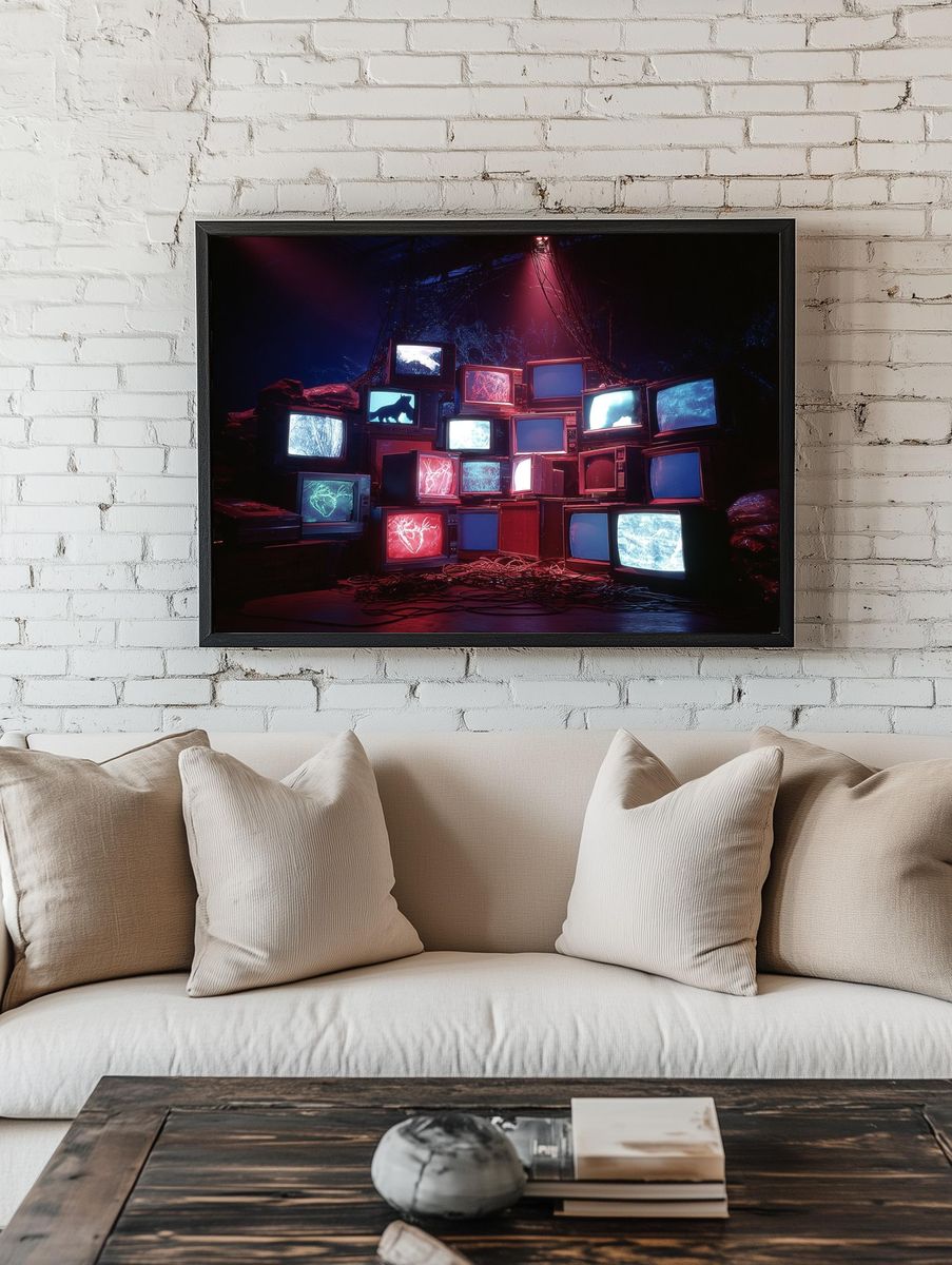 Neon CRT TV Stack Retro Print. — room view 1