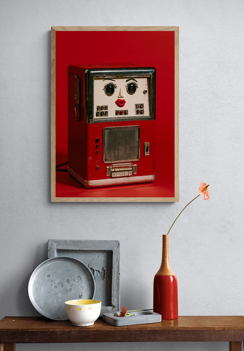 Red Retro Robot Radio Poster. — room view 3