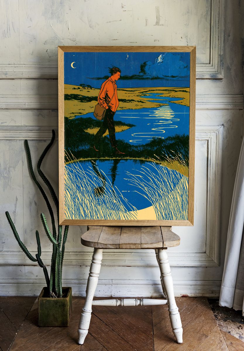 Solitary Walker Landscape Vintage Print. room preview