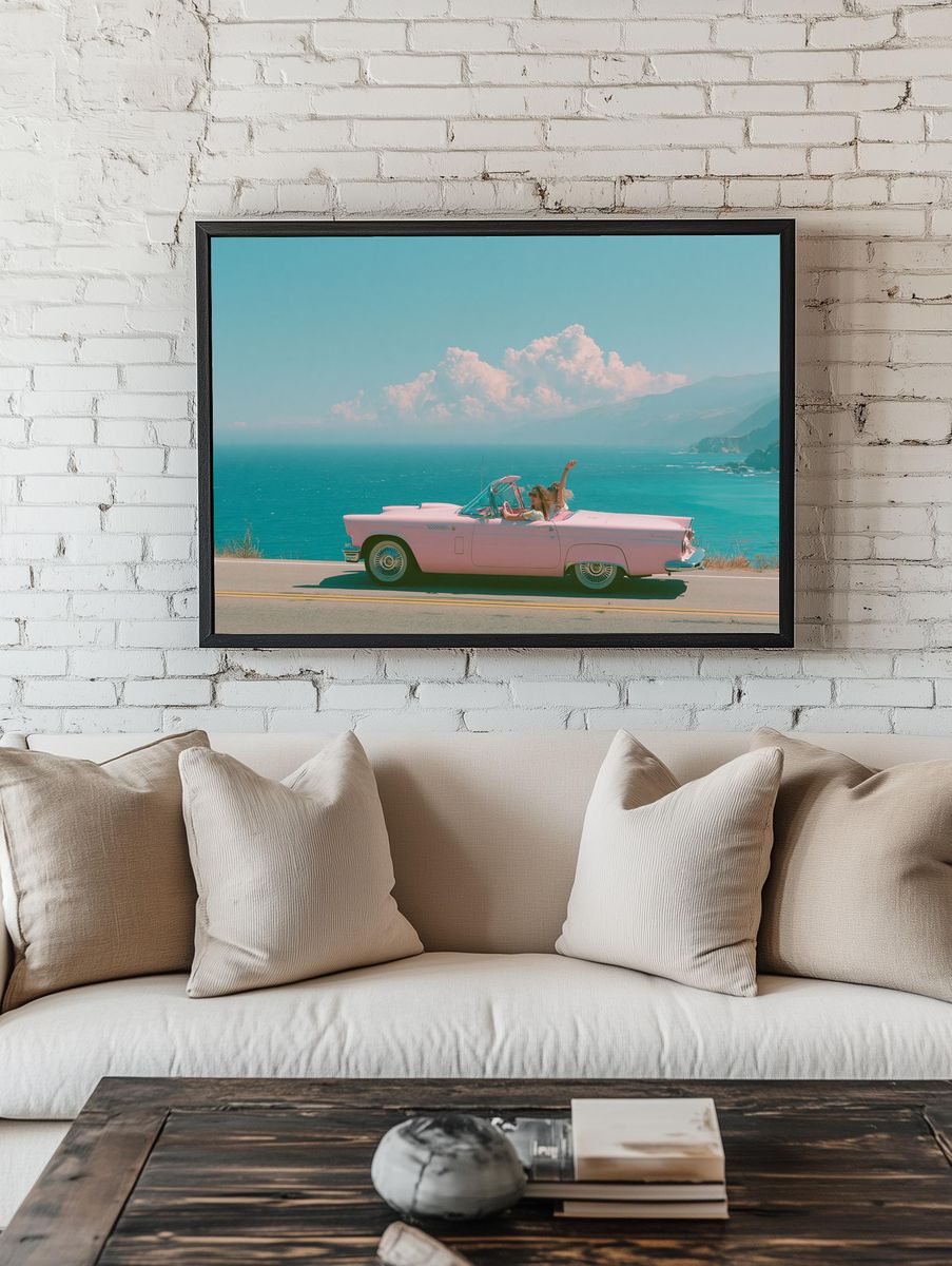 Pink Convertible Coastal Drive Poster. room preview