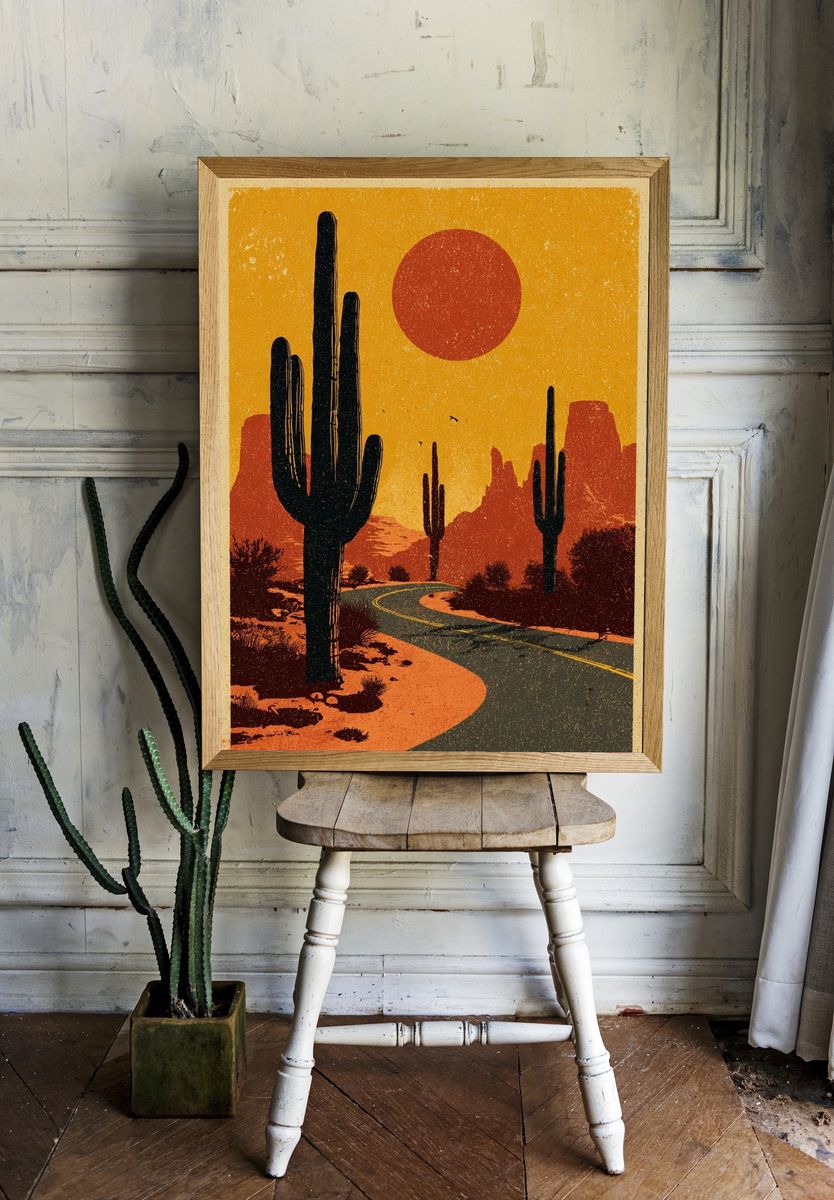 Desert Sunset Cactus Vintage Poster. — room view 1
