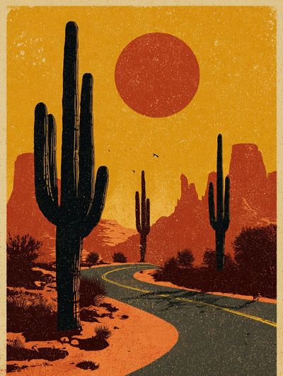 Desert Sunset Cactus Vintage Poster.