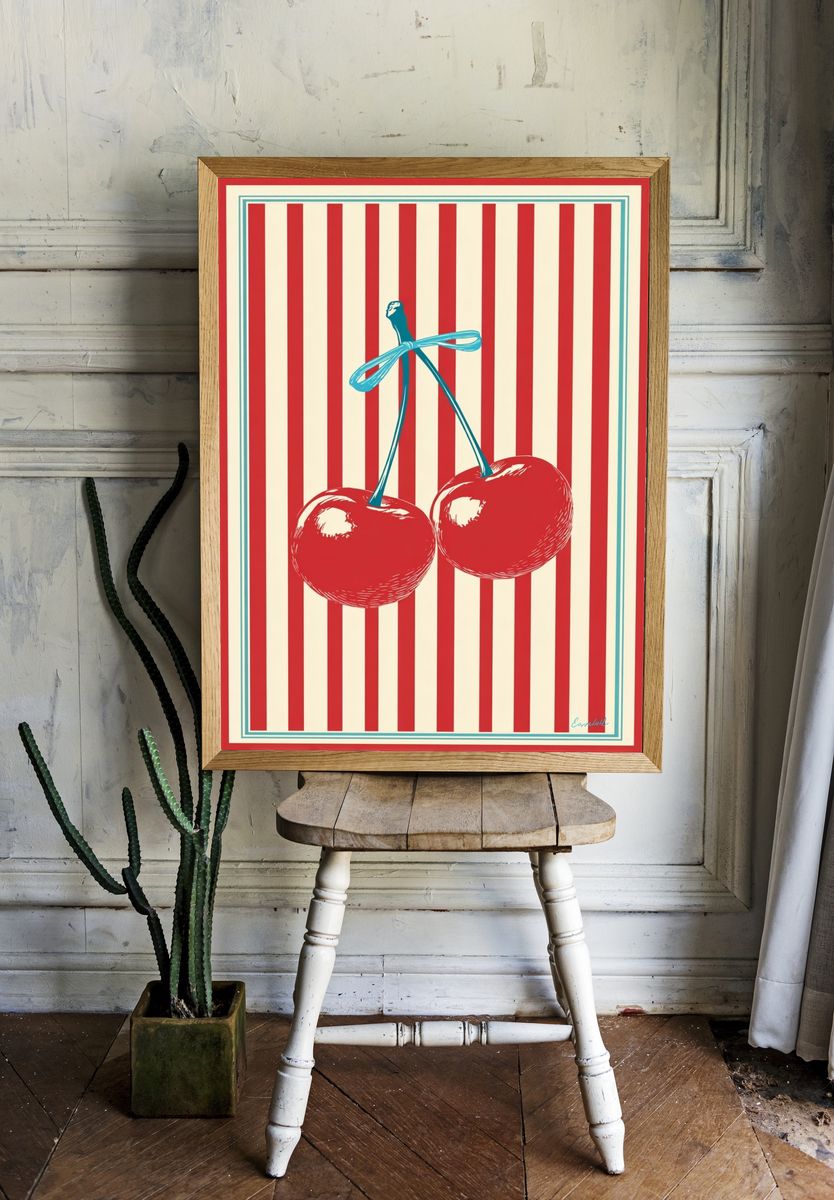 Cherry Stripe Vintage Print. — room view 1