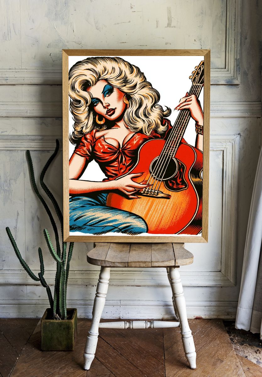Retro Guitar Girl Vintage Poster. room preview