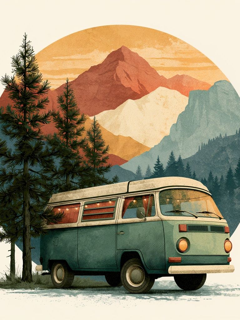 Vintage Camper Mountain Print. poster — vintage art