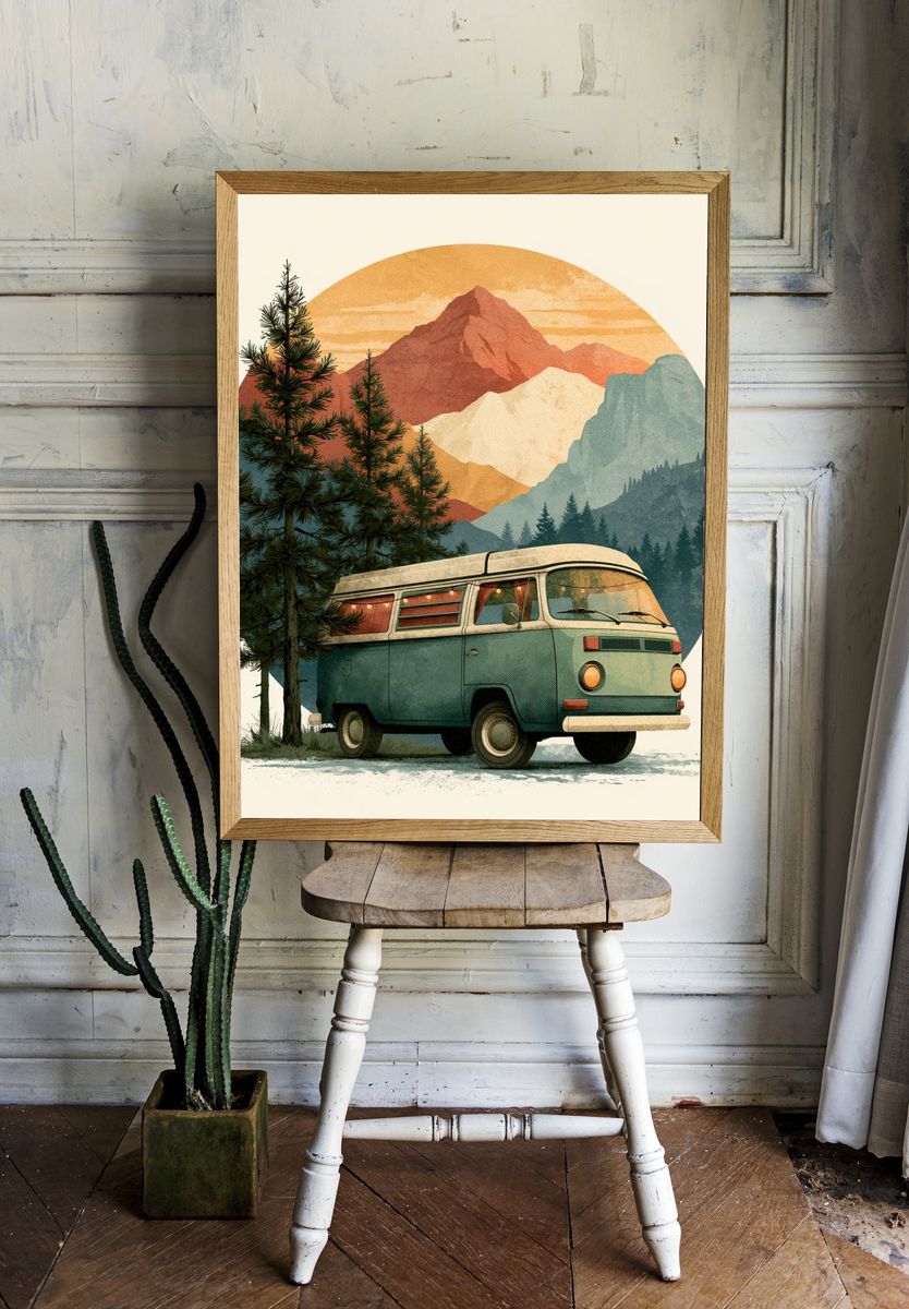 Vintage Camper Mountain Print. — room view 1