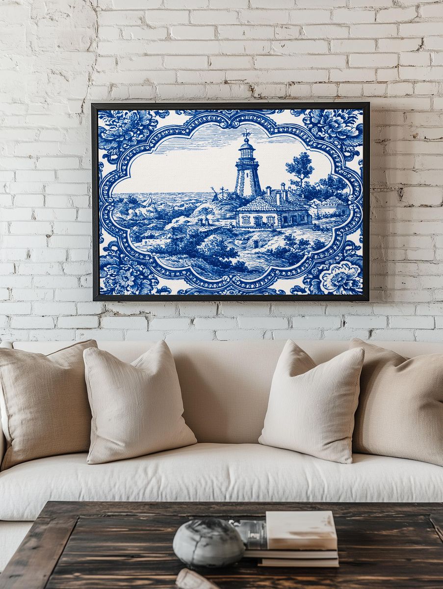 Lighthouse Coastal Toile Print. room preview