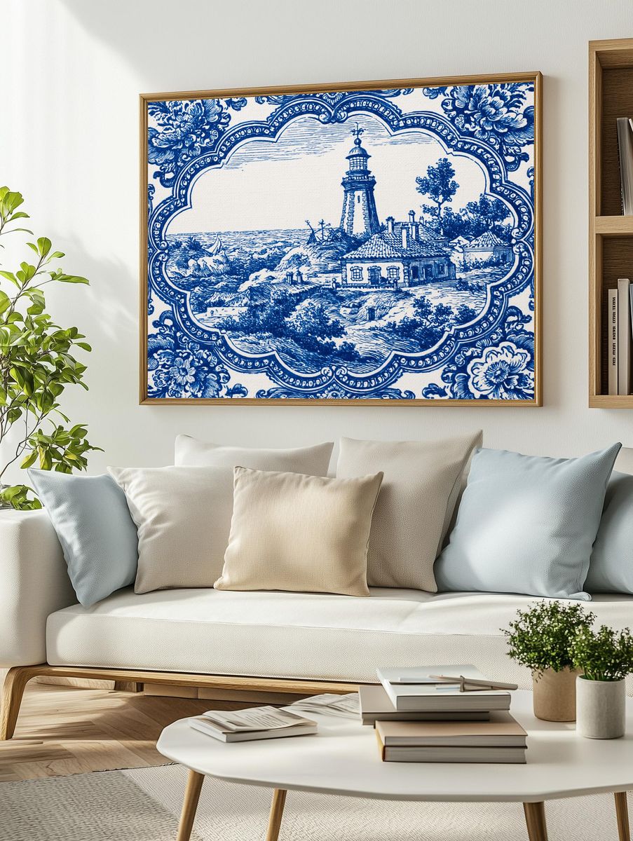Lighthouse Coastal Toile Print. — room view 2