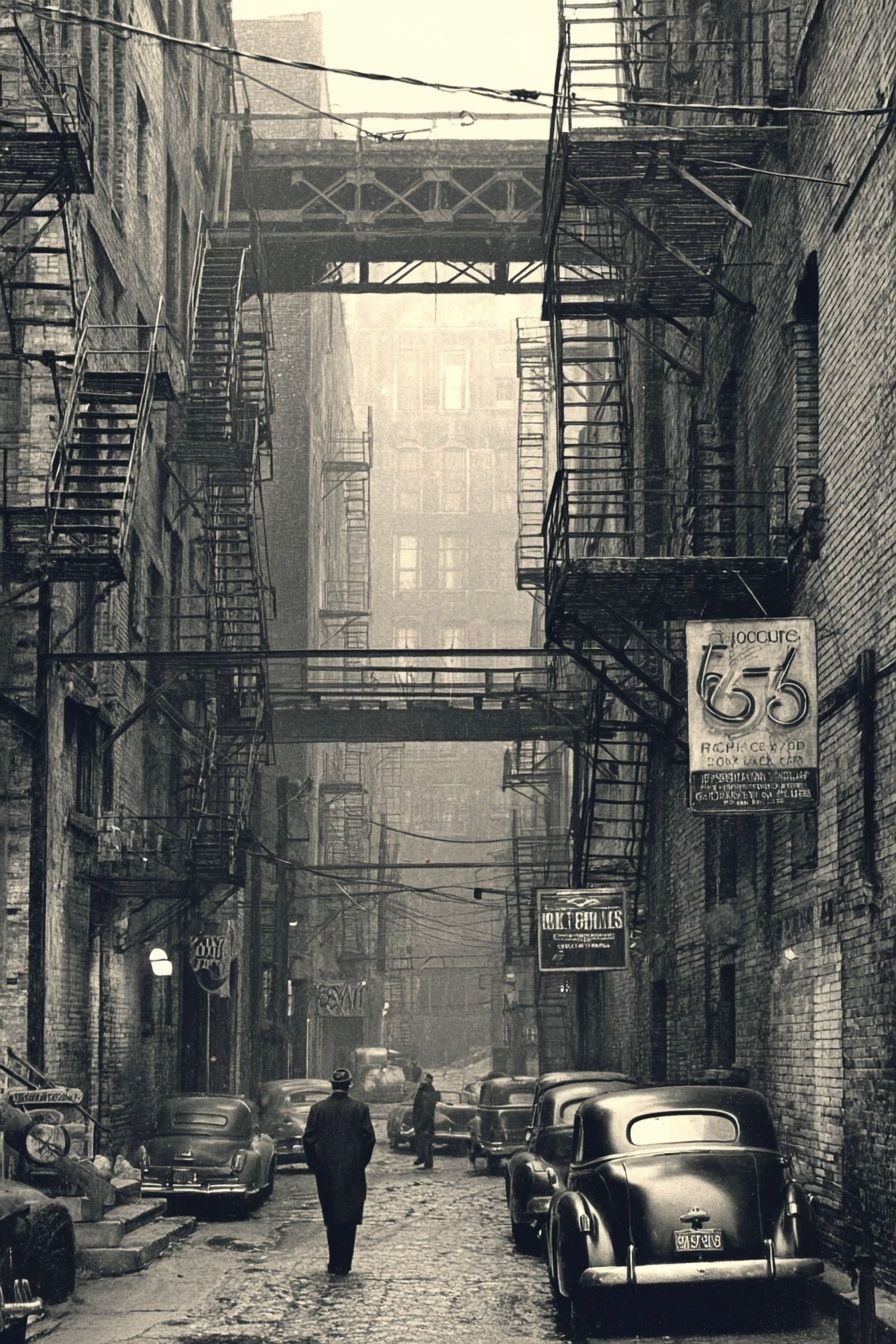 Vintage Urban Alley — Black-White Print.