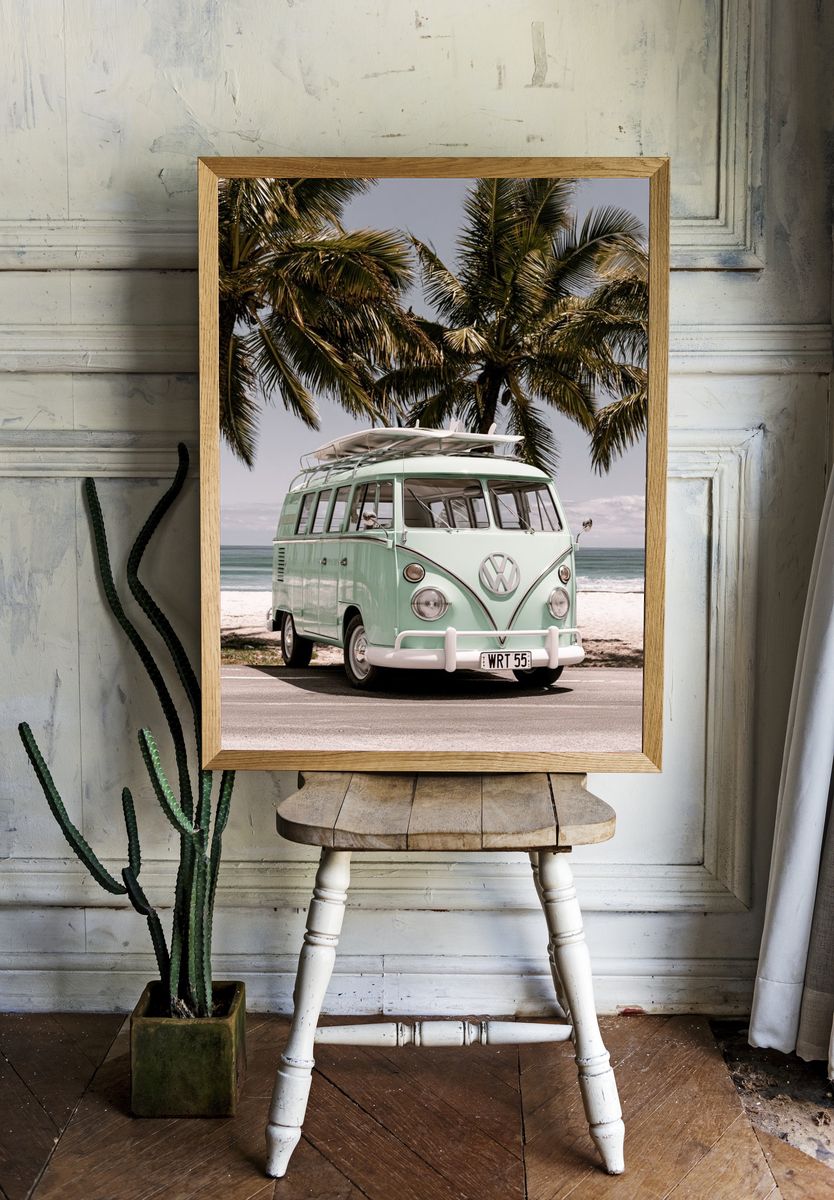 Mint VW Camper Van Beach Poster. room preview