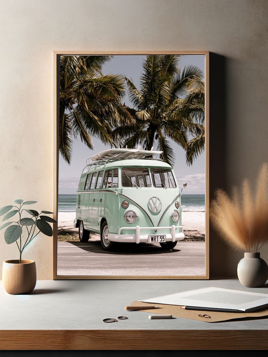 Mint VW Camper Van Beach Poster. — room view 2