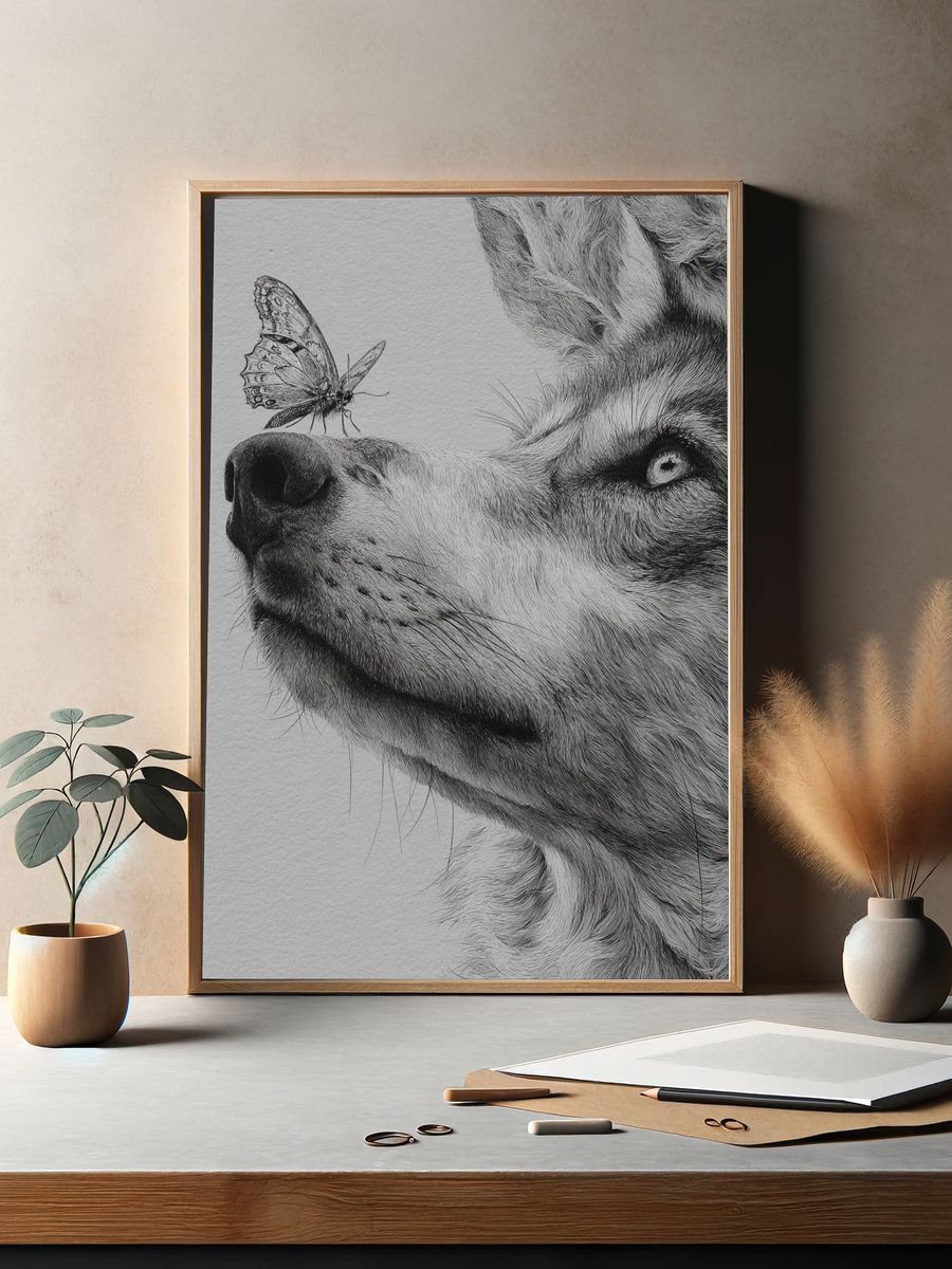 Wolf and Butterfly — Illustration Print. — room view 2