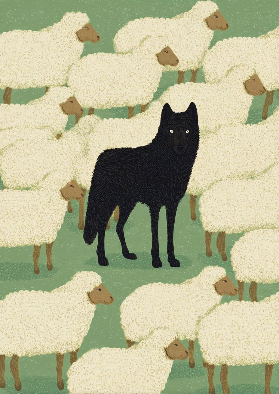 Black Wolf Among Sheep — Illustration Print.