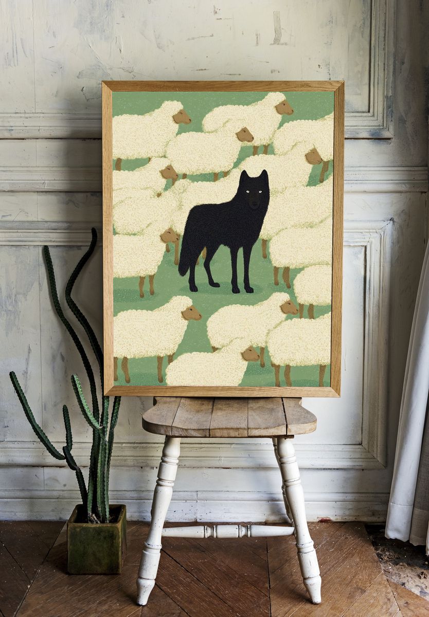 Black Wolf Among Sheep — Illustration Print. room preview