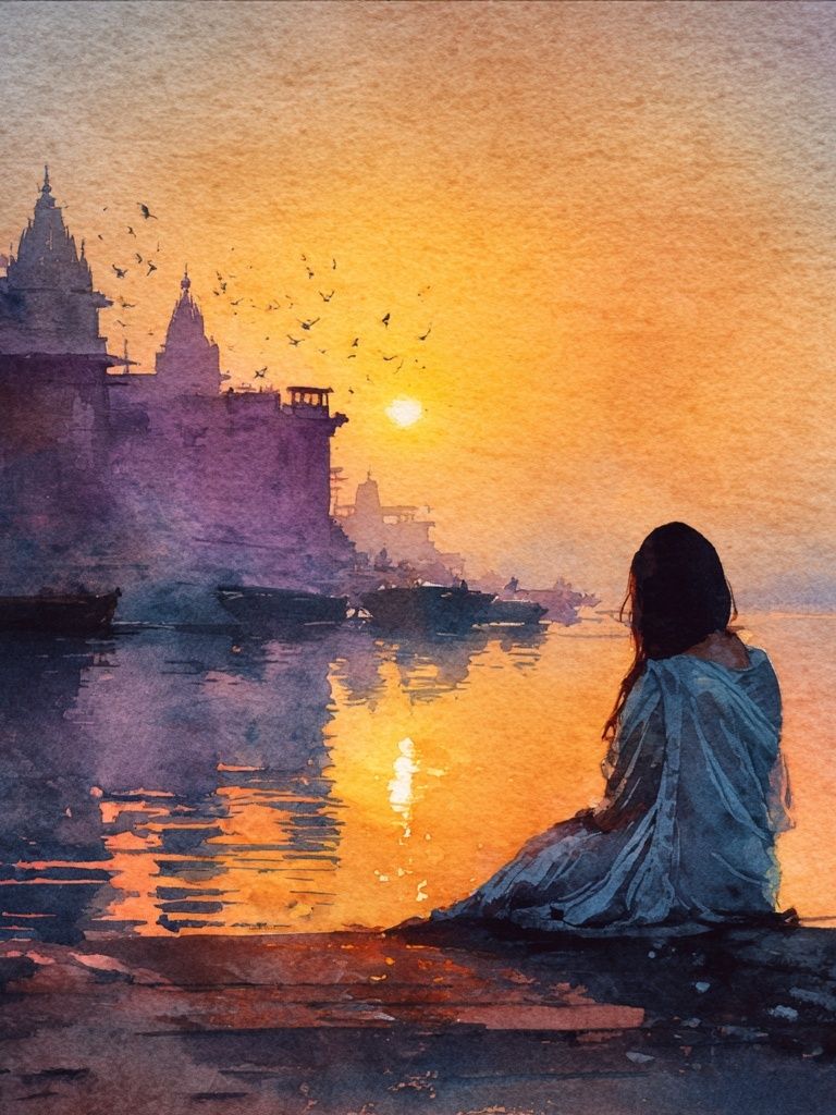 Sunset River Ghat Watercolor Print.