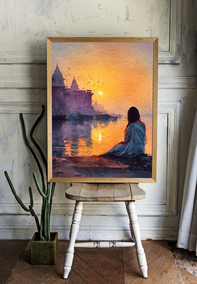 Sunset River Ghat Watercolor Print. room preview