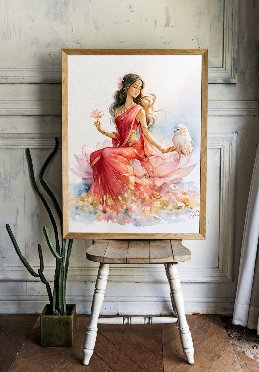 Lotus Goddess Watercolor Print. room preview