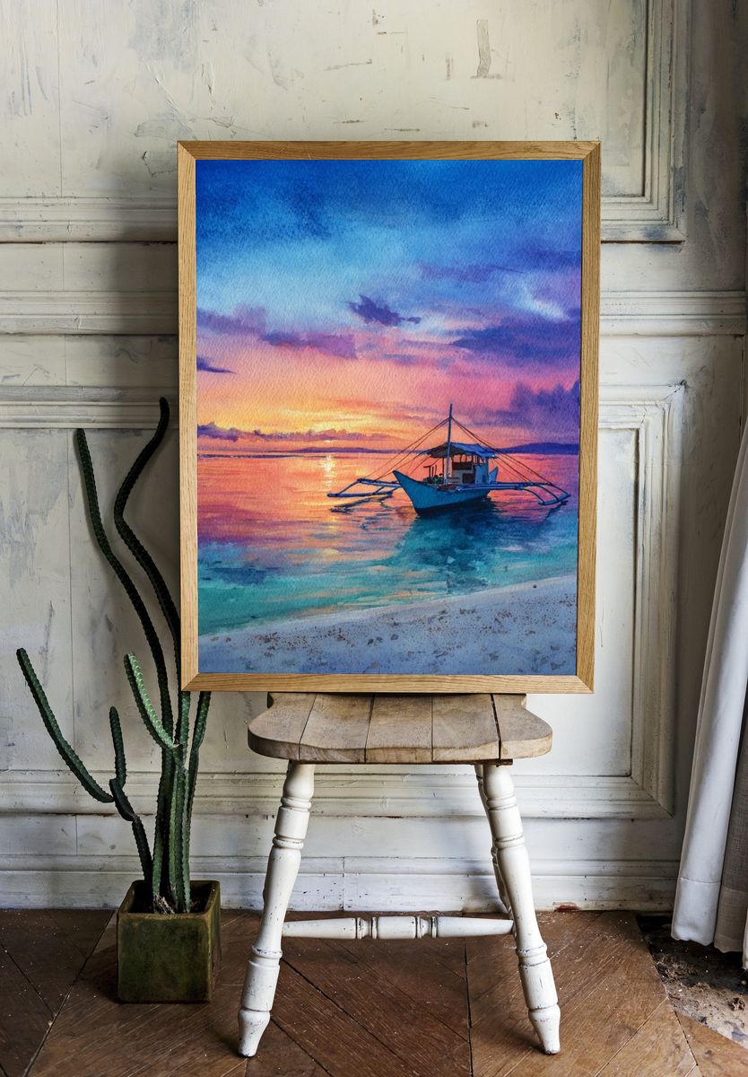 Sunset Boat Watercolor Print room preview