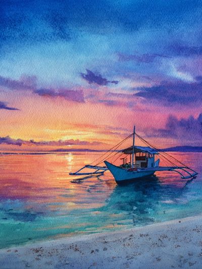 Sunset Boat Watercolor Print. poster print
