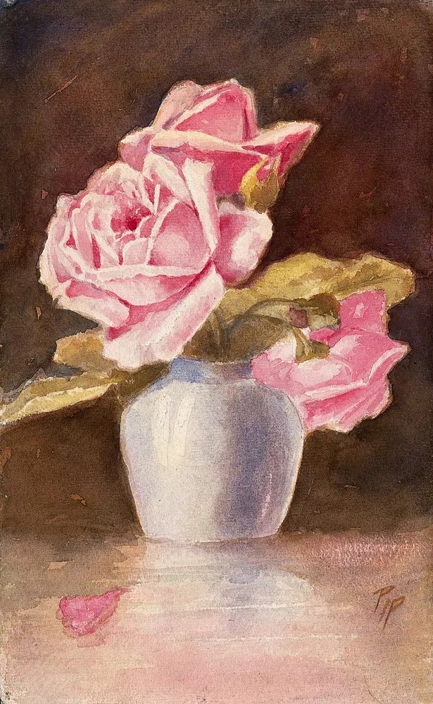 Pink Roses in Vase — Watercolor Print. poster detail