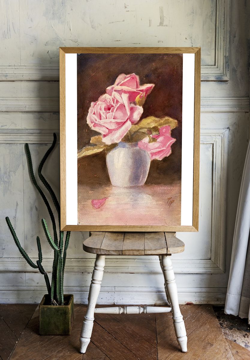 Pink Roses in Vase — Watercolor Print room preview