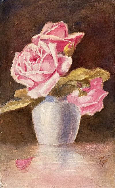 Pink Roses in Vase — Watercolor Print. poster print
