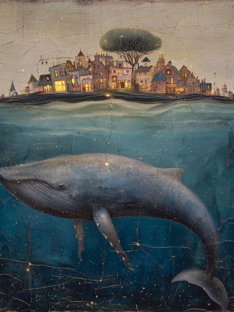 Whale Beneath the City — Surreal Art Print. poster — fine-art art