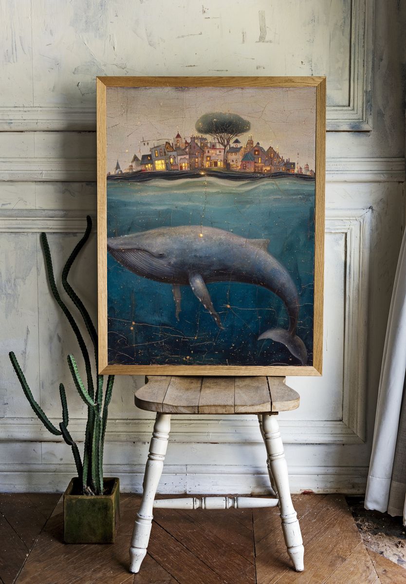 Whale Beneath the City — Surreal Art Print. room preview