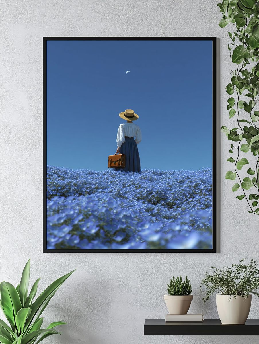 Woman in Blue Flower Field — Photography Print. — room view 4