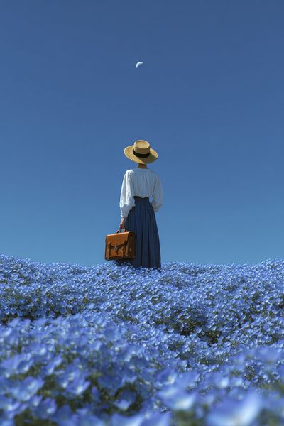 Woman in Blue Flower Field — Photography Print. poster print
