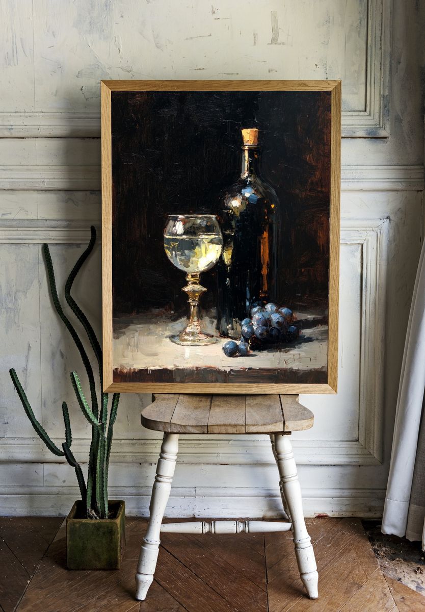 Wine Bottle and Glass — Still Life Print. room preview
