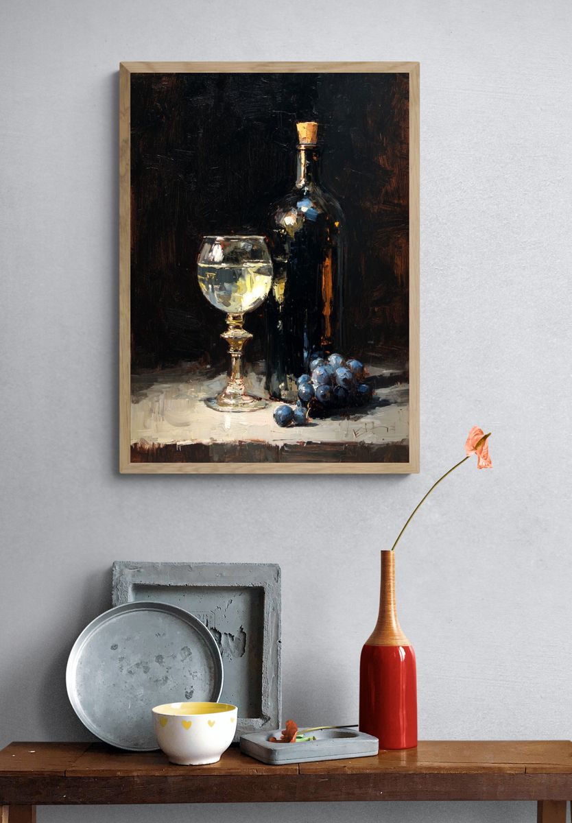 Wine Bottle and Glass — Still Life Print. — room view 3