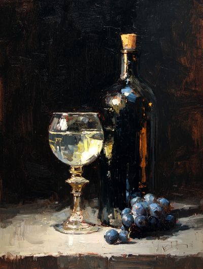 Wine Bottle and Glass — Still Life Print. poster print
