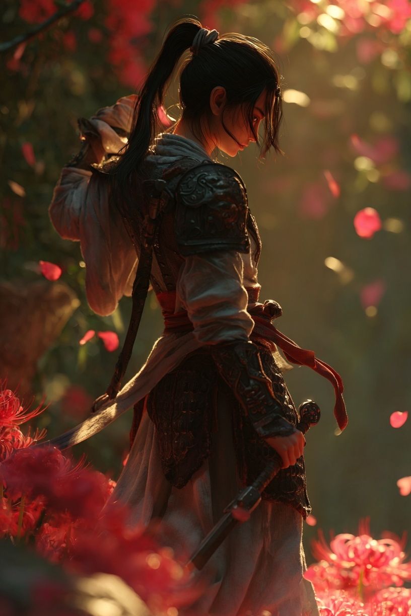 Warrior in Blooming Garden — Digital Art Print. poster detail