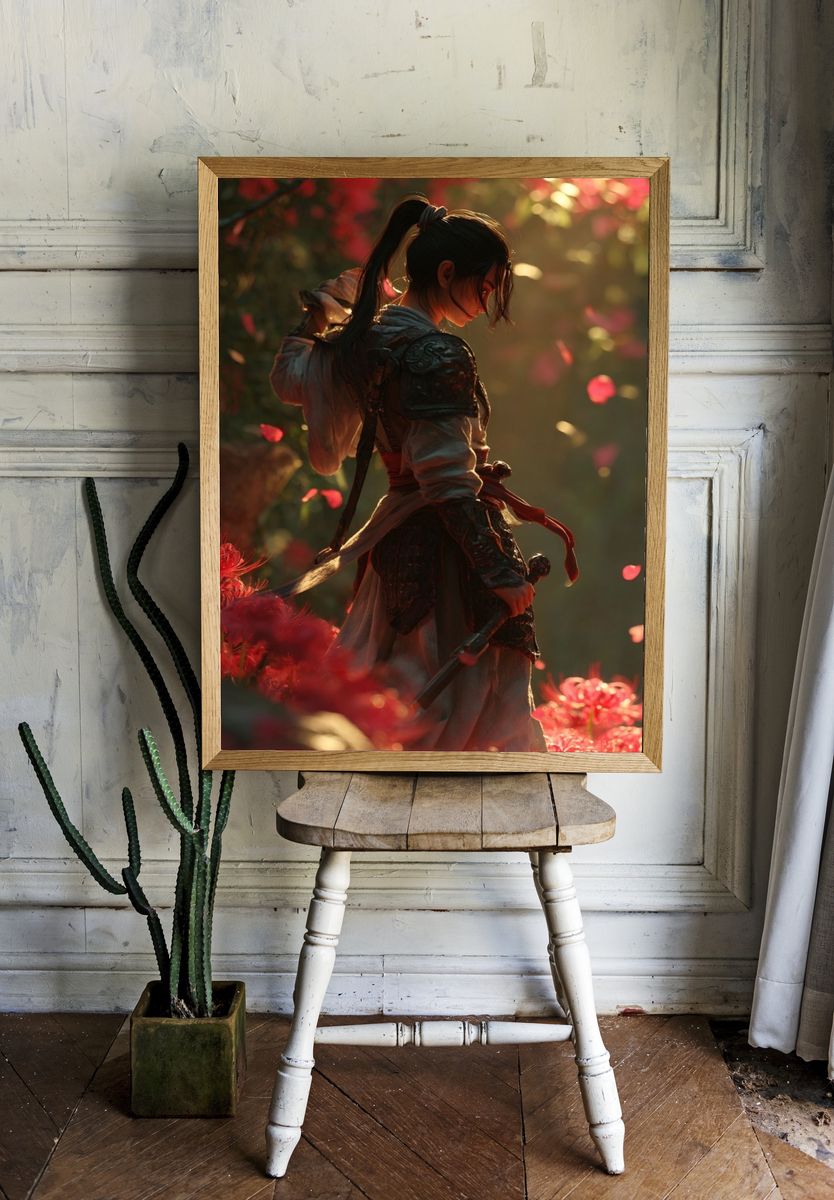 Warrior in Blooming Garden — Digital Art Print. room preview