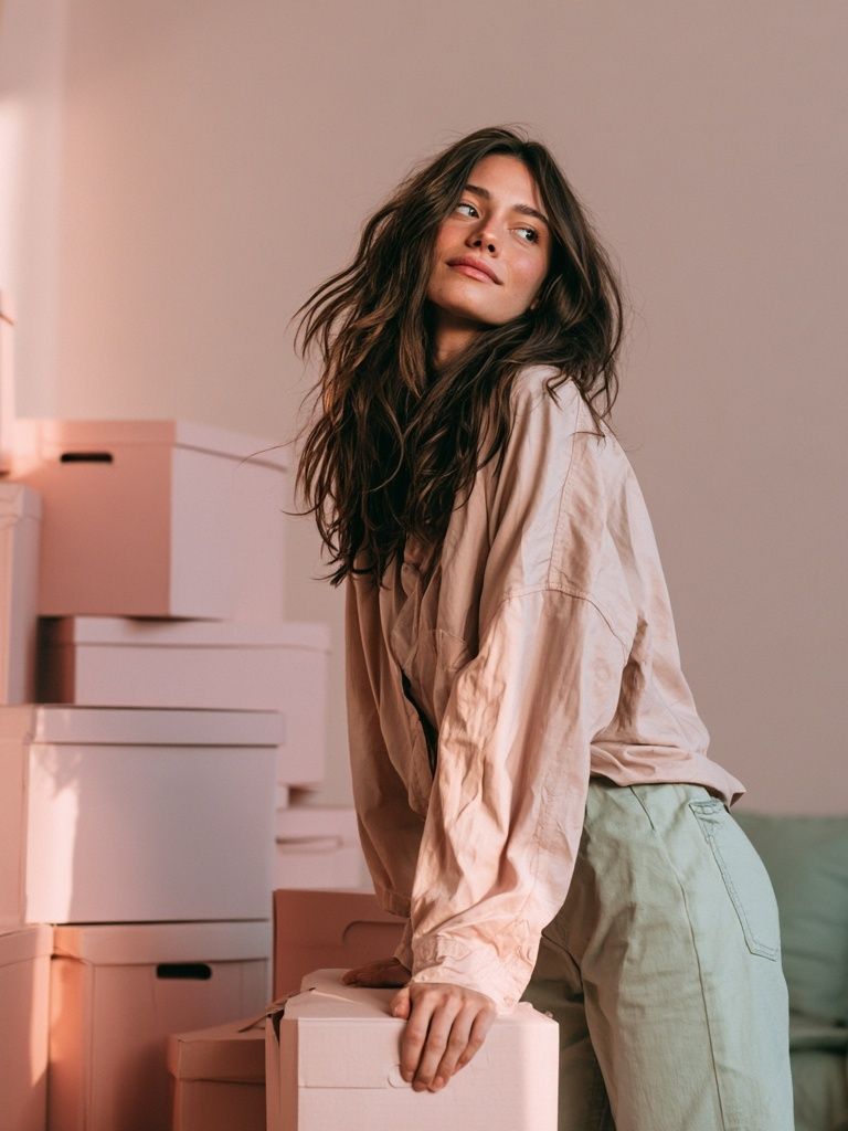 Woman Among Boxes Photography Poster. poster detail
