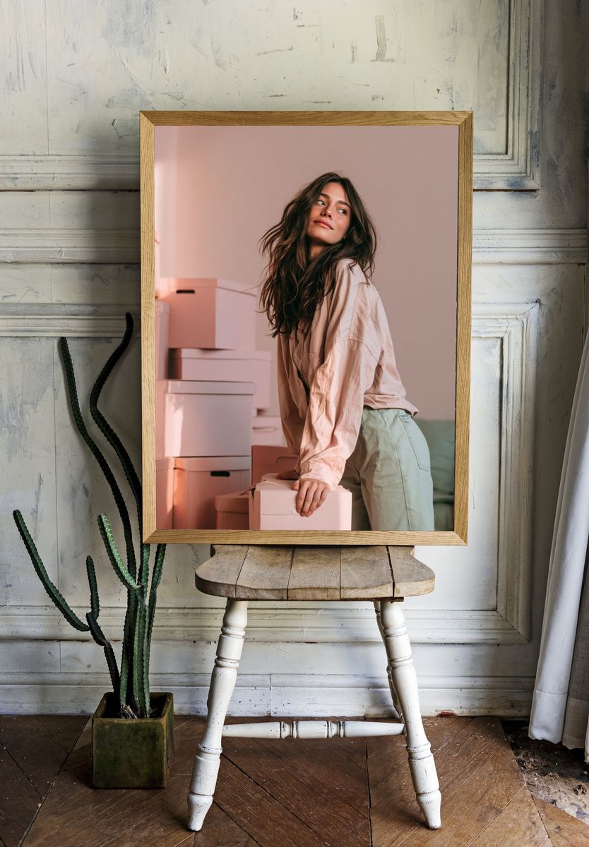 Woman Among Boxes Photography Poster. — room view 1