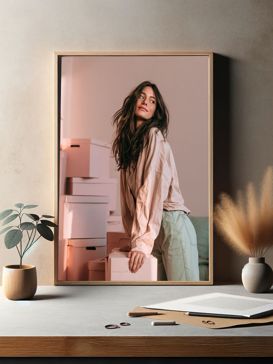 Woman Among Boxes Photography Poster. — room view 2