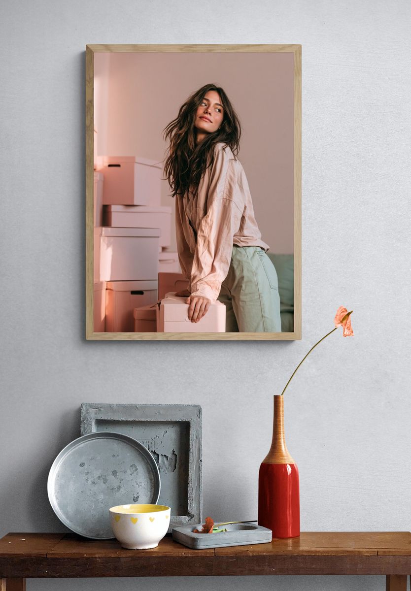 Woman Among Boxes Photography Poster. — room view 3