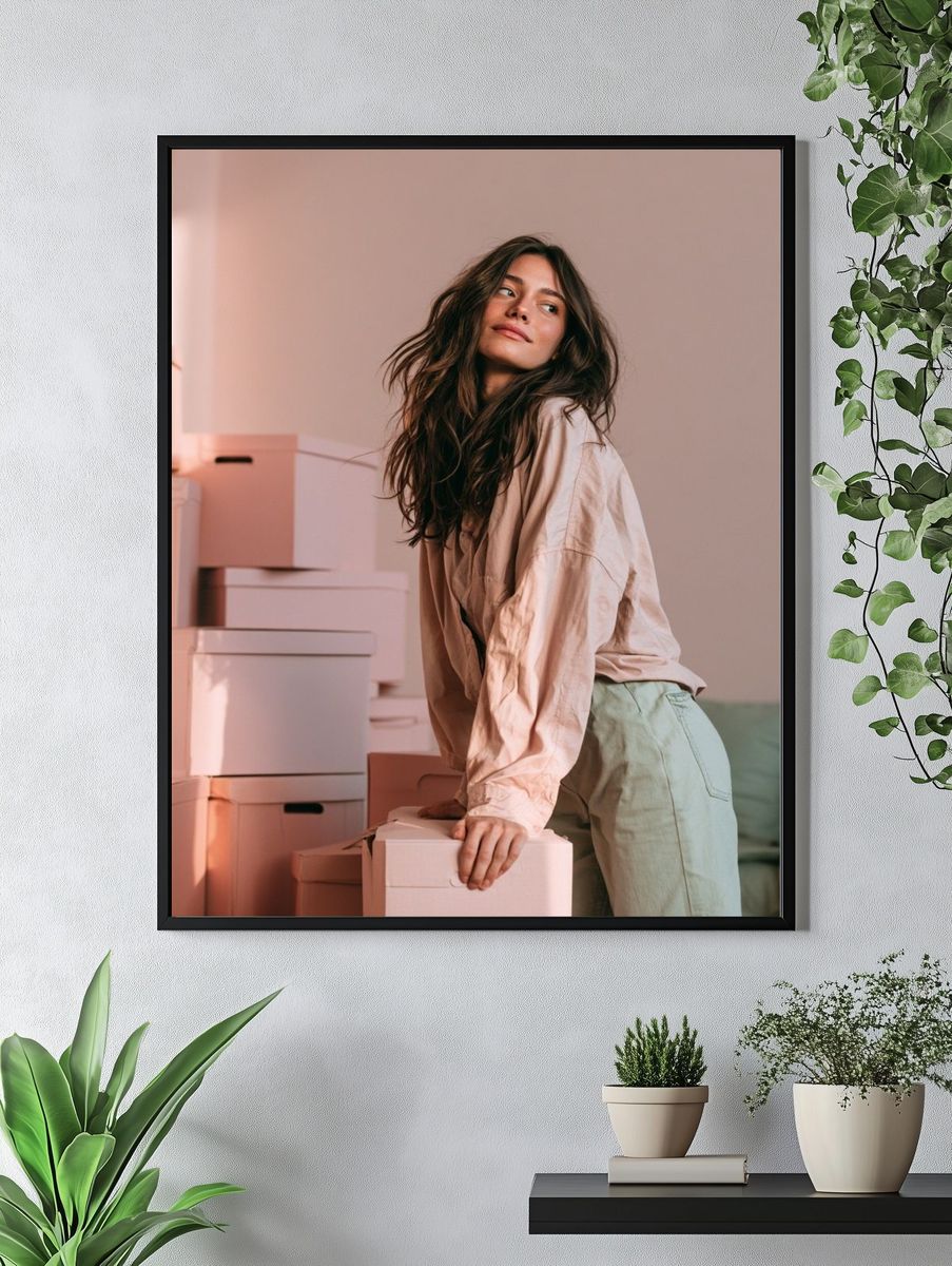 Woman Among Boxes Photography Poster. — room view 4