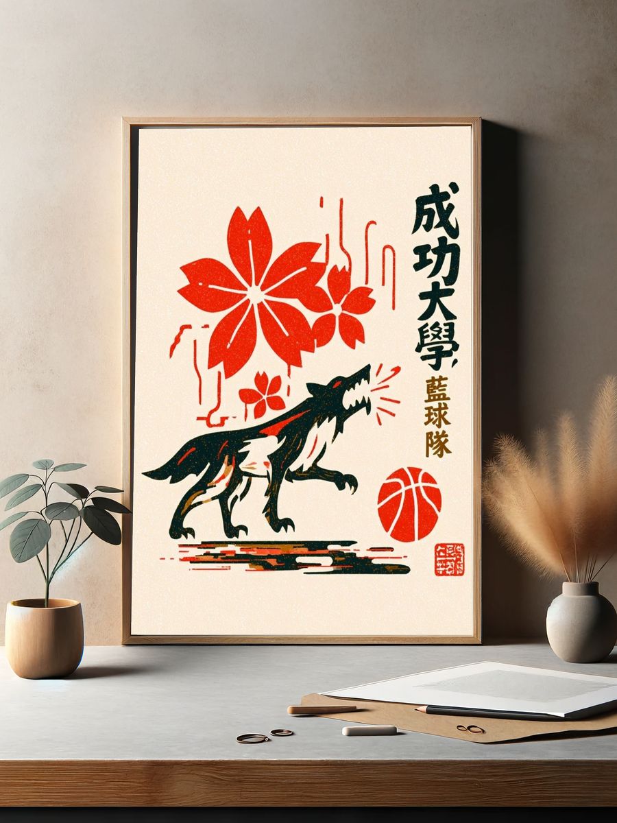 Wolf Basketball Japanese Print Poster. — room view 2