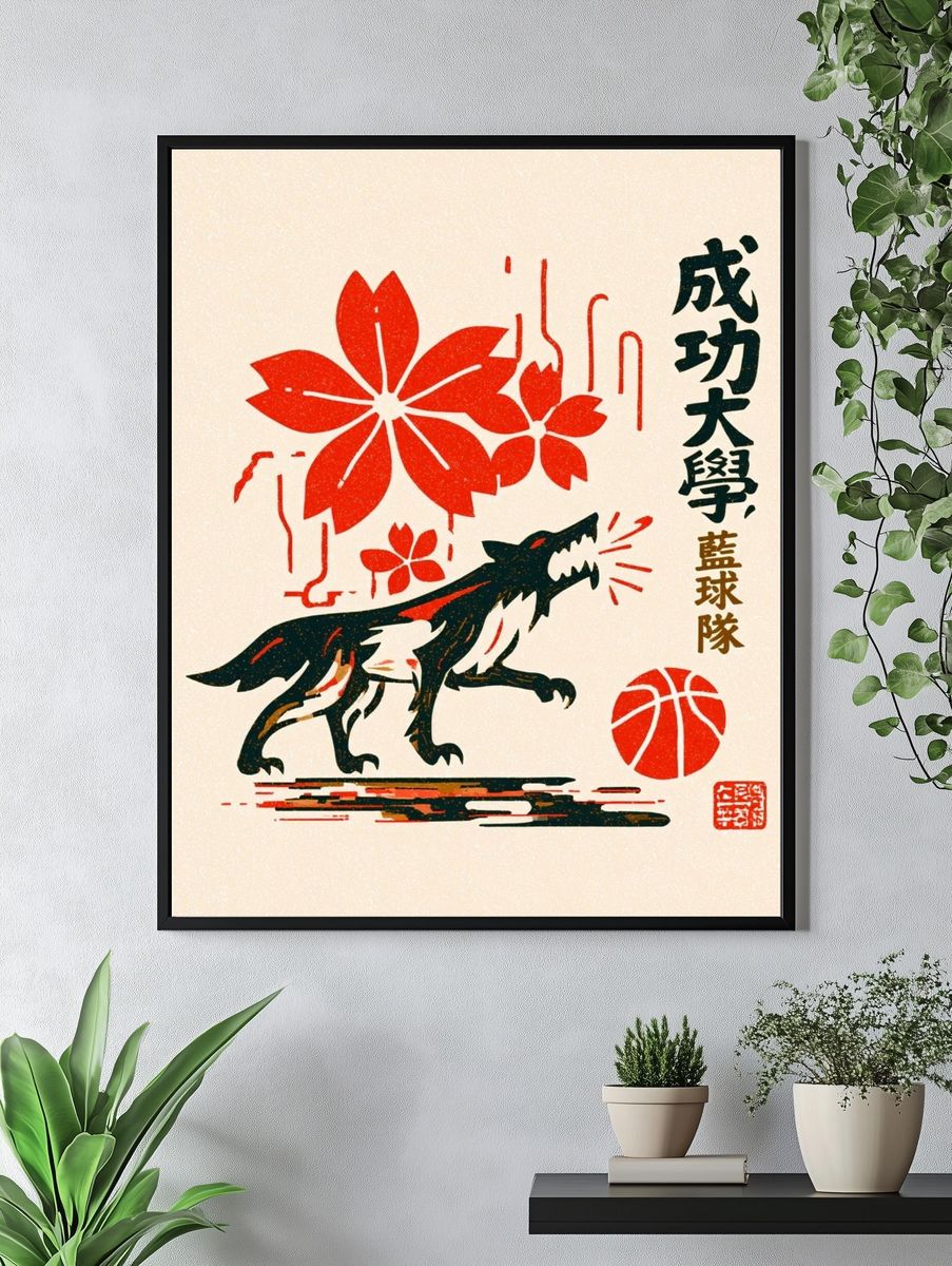 Wolf Basketball Japanese Print Poster. — room view 4