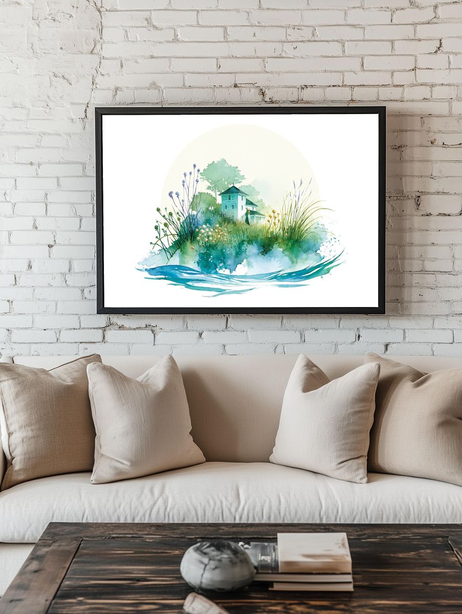 Watercolor Cottage Garden Print. room preview
