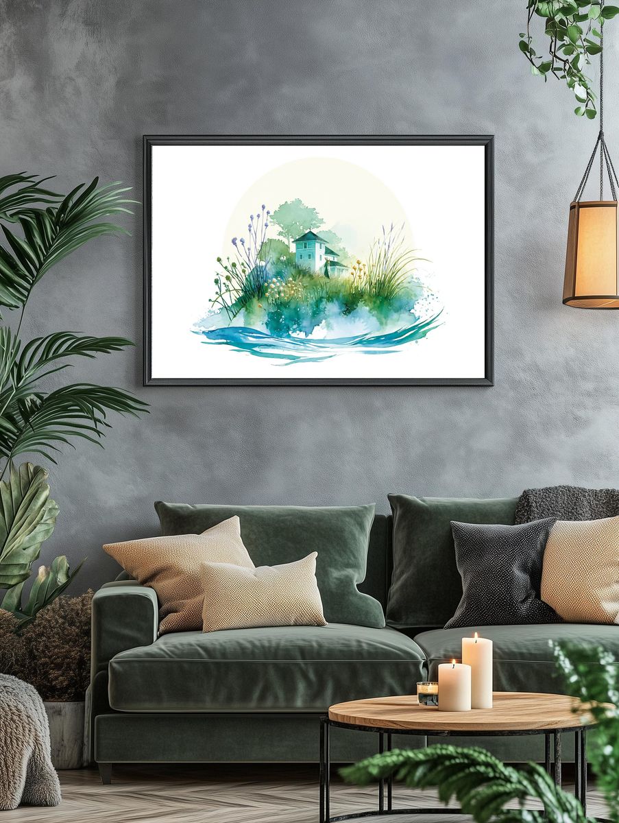 Watercolor Cottage Garden Print. — room view 4