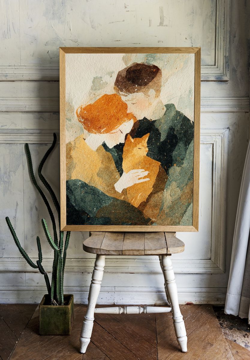Couple with Cat — Watercolor Print. — room view 1