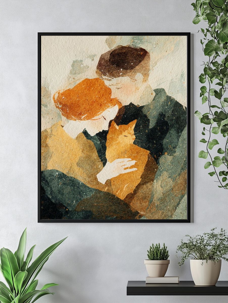 Couple with Cat — Watercolor Print. — room view 4