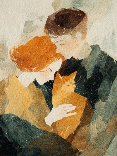 Couple with Cat — Watercolor Print. poster print