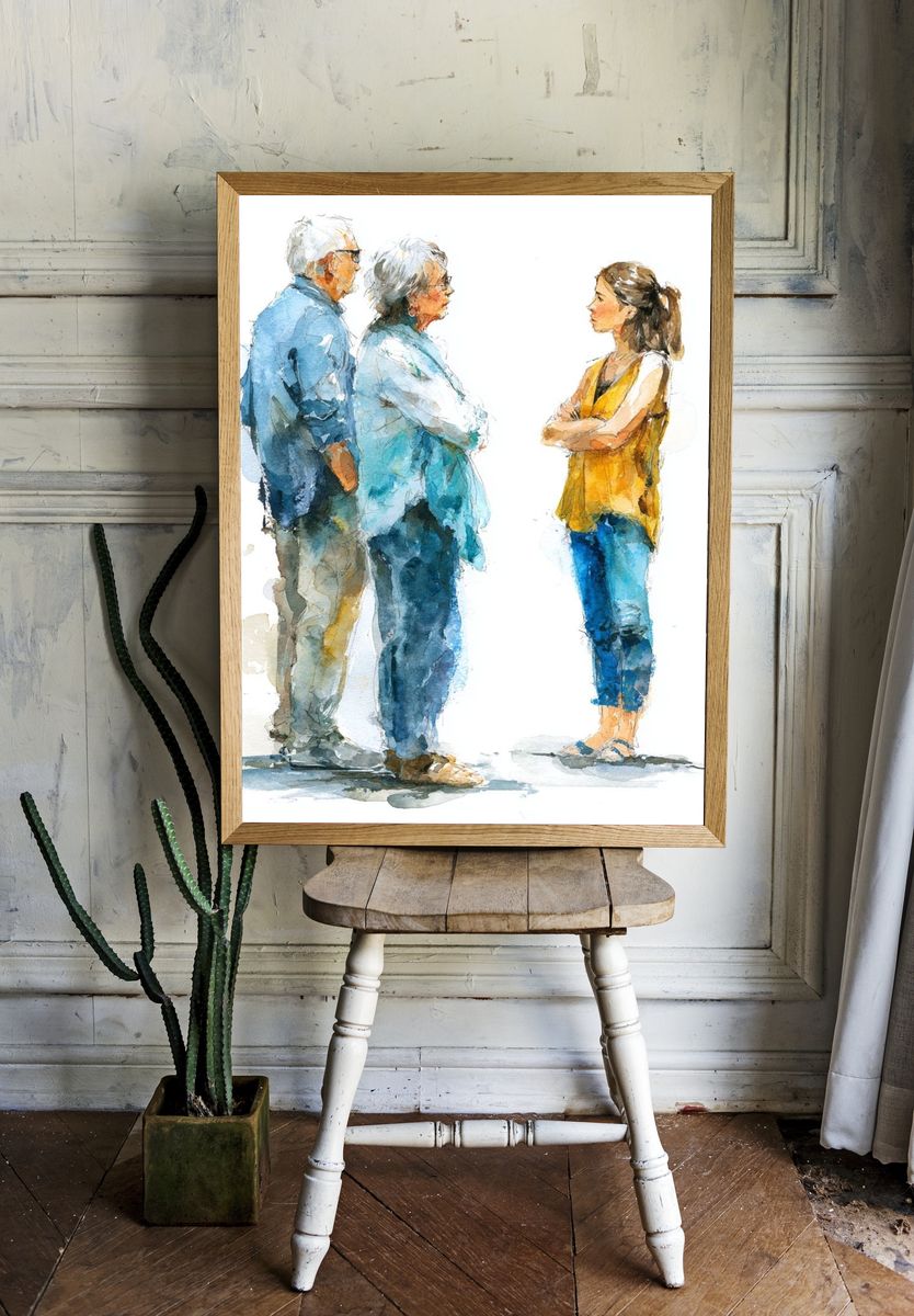 Watercolor Conversation Portrait Print. room preview